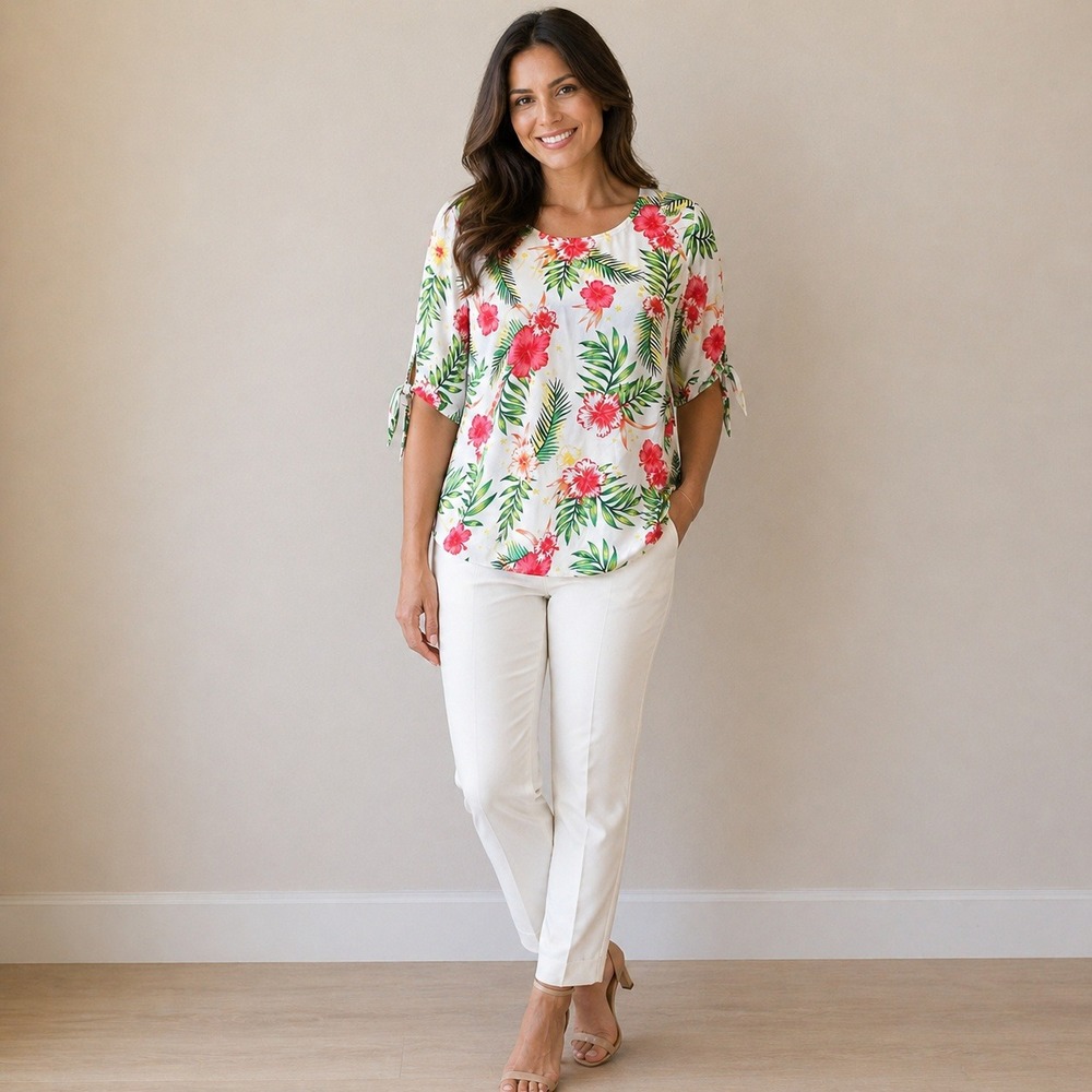 Emery Rose- Pink and White Floral Boxy Blouse Size 1XL